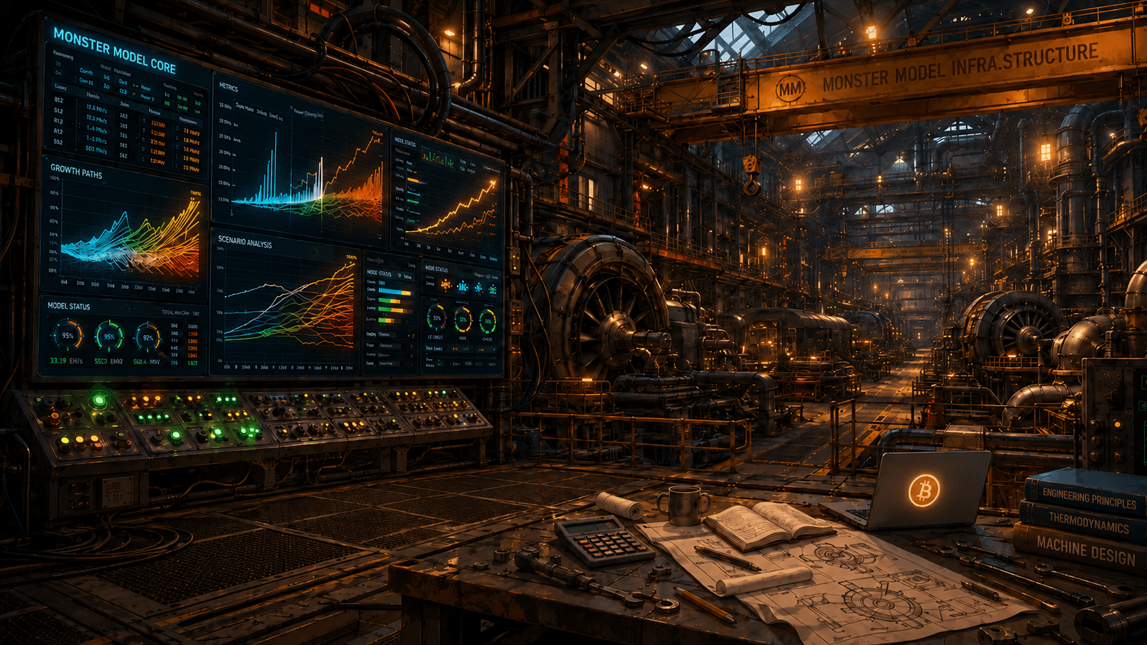 Inside the Monster Model: an industrial hall of machinery, with a wall of model dashboards and a workbench of blueprints in the foreground.
